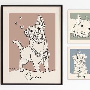 May include: Three framed illustrations of dogs. The first frame has a light brown background with a black line drawing of a dog named Cora. The second frame has a green background with a black line drawing of a dog named Harvey. The third frame has a blue background with a black line drawing of a dog named Harvey.