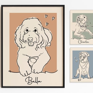 May include: Three framed line drawings of dogs. The first drawing is of a dog named Bella with a brown background. The second drawing is of a dog named Charlie with a green background. The third drawing is of a dog with a blue background.