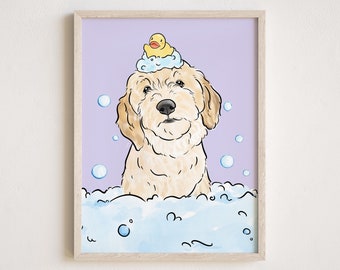 Personalised Pet Portrait, Kids Bathroom Wall Art, Dog Portraits, Personalized Pet Gift, Pet in Bubble Bath, Bathroom Portrait, Cat Dog Gift