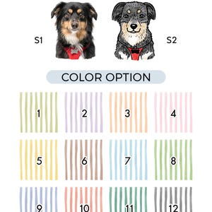 May include: A chart displaying two dog style options labeled S1 and S2, featuring a realistic photo and a cartoon illustration. Below, a color option grid shows twelve numbered squares, each containing vertical stripes in various pastel and solid colors.