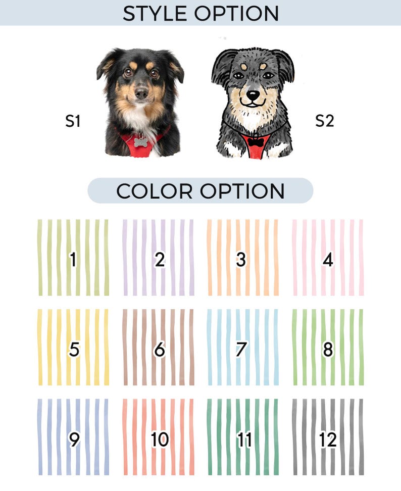 May include: A chart displaying two dog style options labeled S1 and S2, featuring a realistic photo and a cartoon illustration. Below, a color option grid shows twelve numbered squares, each containing vertical stripes in various pastel and solid colors.