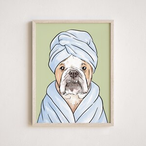 May include: A white bulldog wearing a light blue bathrobe and a light blue turban. The dog is looking directly at the viewer with a serious expression. The background is a light green color.