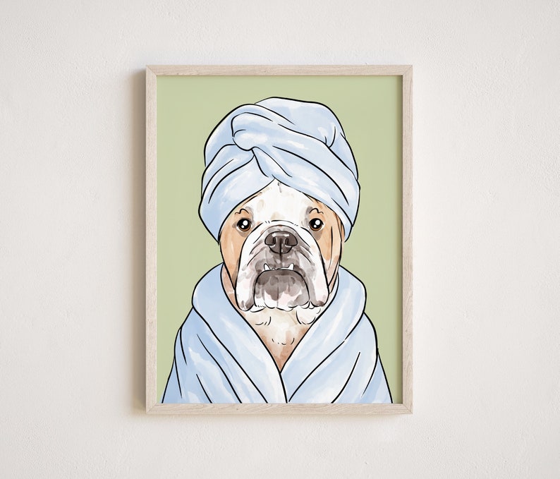 May include: A white bulldog wearing a light blue bathrobe and a light blue turban. The dog is looking directly at the viewer with a serious expression. The background is a light green color.