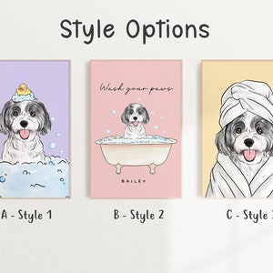 Pu&ograve; includere: Tre diversi stili di illustrazioni di un cane che fa il bagno. Il primo stile mostra il cane in una vasca di bolle con un'anatra di gomma sulla testa. Il secondo stile mostra il cane in una vasca da bagno con il testo "Lava le tue zampe" sopra. Il terzo stile mostra il cane avvolto in un asciugamano con un asciugamano sulla testa.