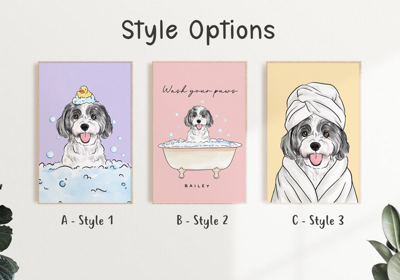 Pu&ograve; includere: Tre diversi stili di illustrazioni di un cane che fa il bagno. Il primo stile mostra il cane in una vasca di bolle con un'anatra di gomma sulla testa. Il secondo stile mostra il cane in una vasca da bagno con il testo "Lava le tue zampe" sopra. Il terzo stile mostra il cane avvolto in un asciugamano con un asciugamano sulla testa.