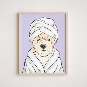 May include: A white dog wearing a white bathrobe and a white towel on its head. The dog is looking directly at the viewer. The background is a light purple color.