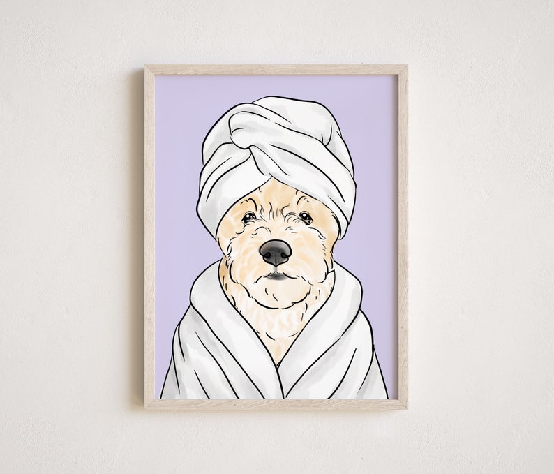 May include: A white dog wearing a white bathrobe and a white towel on its head. The dog is looking directly at the viewer. The background is a light purple color.