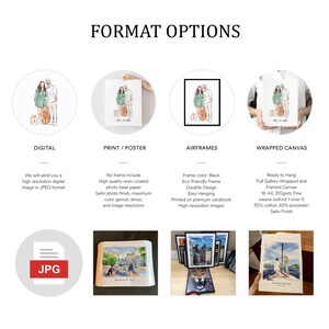 May include: Four different format options for a custom illustration: digital download, print, framed print, and wrapped canvas. The illustration shows a couple with their two dogs.