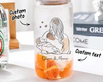 Custom Portrait Mug, Personalized Photo Glass With Lid & Straw, Custom Photo Mug for Mom, Mother Line Drawing Mug, Mom Line Art Portrait