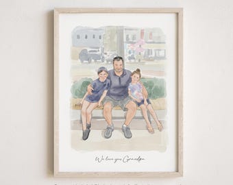 Custom Grandpa Portrait, Watercolor Family Portrait from Photo, Hand-Drawn Art Gift for Grandad from Grandkids, Gift from Daughter
