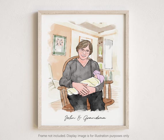 Custom Watercolor Grandma Portrait from Photo, Hand-Drawn Grandparent Memorial Portrait, Picture to Drawing Gift, Grandparent Wall Art