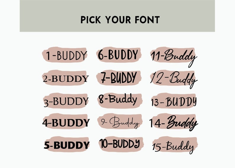 May include: A graphic showing 15 different font styles for the text "Buddy". The fonts are displayed in a grid with a light brown background.