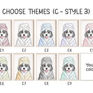 Pu&ograve; includere: Nove diverse opzioni di colore per un download digitale di un'illustrazione stampabile di un cane con un asciugamano sulla testa. Il cane &egrave; di razza piccola con un corpo bianco e segni neri. Il testo "Choose Themes (C - Style 3)" &egrave; in cima all'immagine. Il testo "Your color" &egrave; in una casella separata.