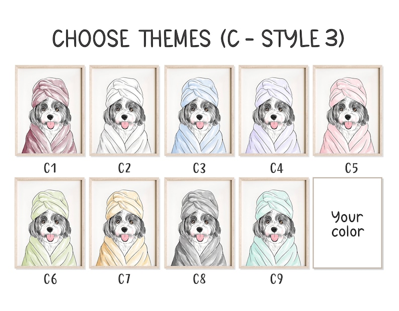 Pu&ograve; includere: Nove diverse opzioni di colore per un download digitale di un'illustrazione stampabile di un cane con un asciugamano sulla testa. Il cane &egrave; di razza piccola con un corpo bianco e segni neri. Il testo "Choose Themes (C - Style 3)" &egrave; in cima all'immagine. Il testo "Your color" &egrave; in una casella separata.