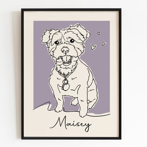 May include: Line art illustration of a dog named "Maisey" with a purple background and hearts. The dog is sitting and looking to the right.