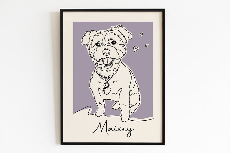 May include: Line art illustration of a dog named "Maisey" with a purple background and hearts. The dog is sitting and looking to the right.
