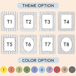 May include: A graphic display showing eight theme options labeled T1 through T8, featuring various gray and white patterns including stripes, gingham, and solid borders. Below, ten numbered circles represent color options from 1 to 10.