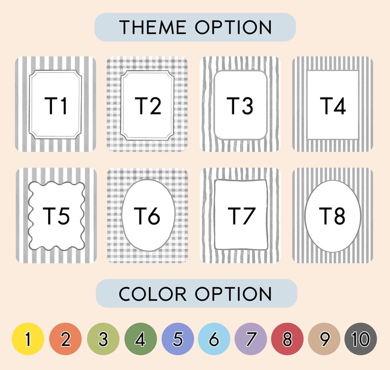 May include: A graphic display showing eight theme options labeled T1 through T8, featuring various gray and white patterns including stripes, gingham, and solid borders. Below, ten numbered circles represent color options from 1 to 10.