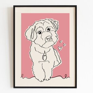 May include: Line art illustration of a white dog with a pink background. The dog is looking to the left and has a collar with a tag. There are three small hearts above the dog's head.