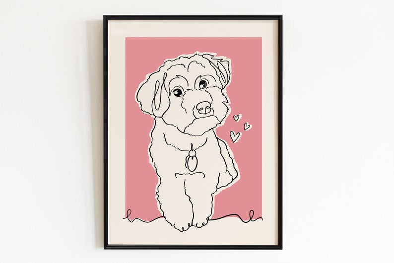 May include: Line art illustration of a white dog with a pink background. The dog is looking to the left and has a collar with a tag. There are three small hearts above the dog's head.