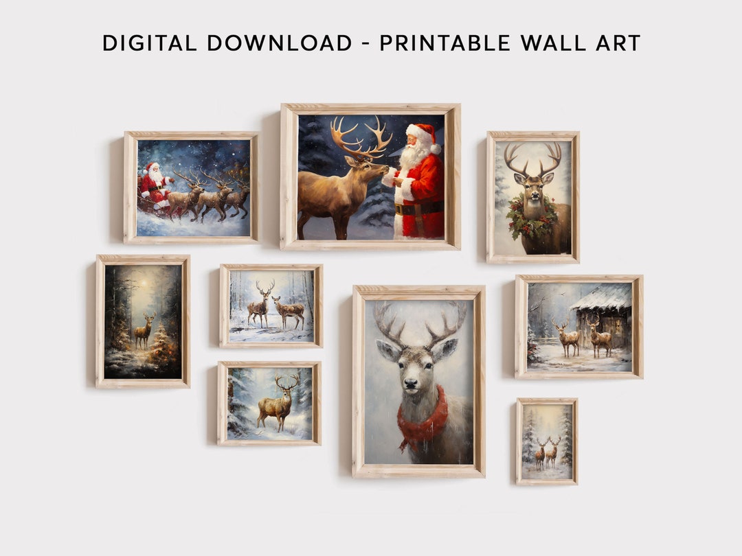 9 Files Reindeer Christmas Wall Art Vintage Digital Print Etsy