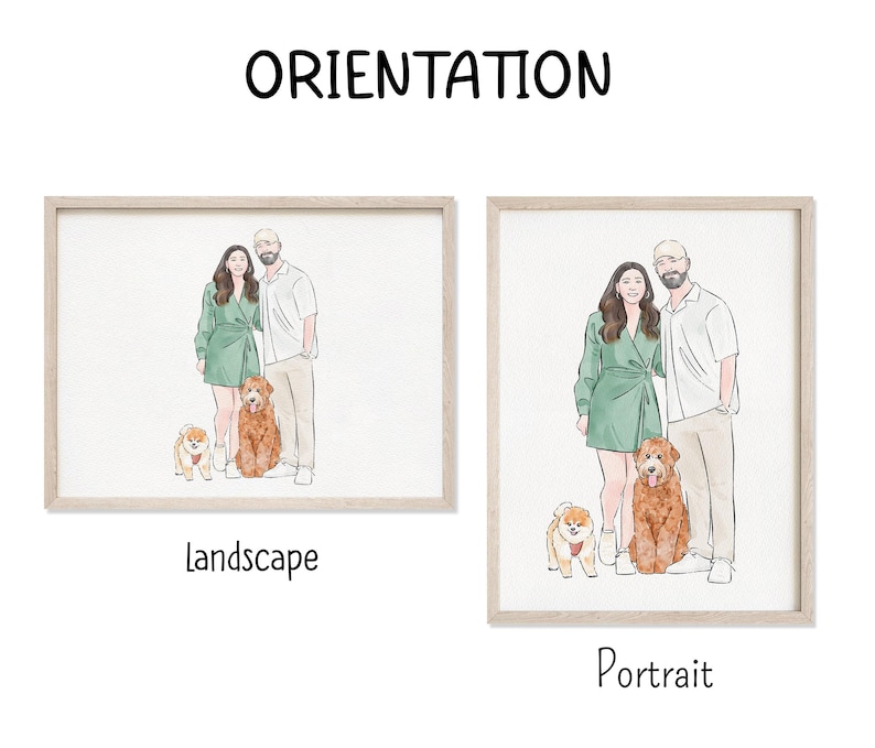 Pu&ograve; includere: Un'illustrazione ad acquerello di una coppia con due cani. La coppia &egrave; in piedi insieme, e i cani sono seduti di fronte a loro. L'illustrazione &egrave; in orientamento orizzontale.