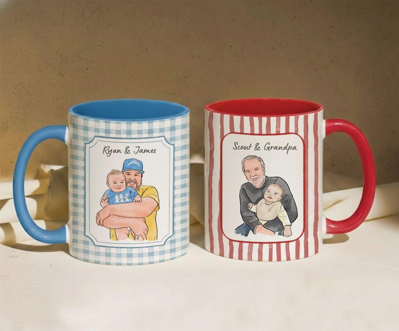 May include: Two ceramic mugs featuring custom illustrations. The left mug has a blue gingham pattern, a blue handle, and an illustration of Ryan and James. The right mug has a red striped pattern, a red handle, and an illustration of Scout and Grandpa.
