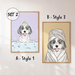 Pu&ograve; includere: Set di due illustrazioni stampabili che mostrano un cane in un bagno con un'anatra di gomma e un cane che indossa un asciugamano. Il testo "SET 2" &egrave; nell'angolo in alto a sinistra dell'immagine. Il testo "A - Style 1" &egrave; sotto la prima immagine. Il testo "B - Style 3" &egrave; sopra la seconda immagine.