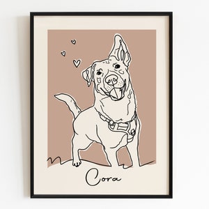 May include: Line art illustration of a dog named Cora with a brown background and small hearts.