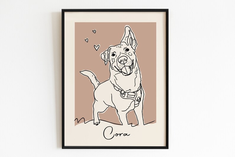 May include: Line art illustration of a dog named Cora with a brown background and small hearts.