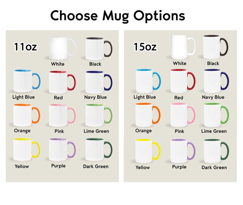 May include: A chart titled Choose Mug Options displaying two categories, 11oz and 15oz, each featuring white ceramic mugs with various colored handles and interiors including black, light blue, red, navy blue, orange, pink, lime green, yellow, purple, and dark green.