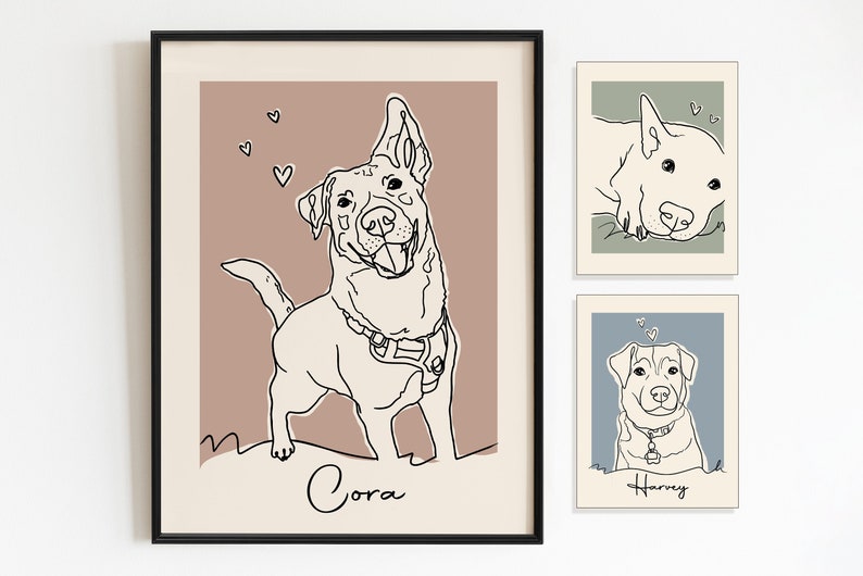 May include: Three framed illustrations of dogs. The first frame has a light brown background with a black line drawing of a dog named Cora. The second frame has a green background with a black line drawing of a dog named Harvey. The third frame has a blue background with a black line drawing of a dog named Harvey.