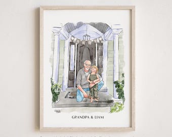 Custom Watercolor Portrait from Photo, Grandpa and Kids Painting, Personalized Family Wall Art, Family Picture Drawing, First Grandpa Gift
