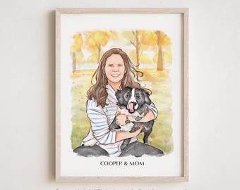 Custom Family Watercolor Portrait from Photo, Personalized Photo Gift for Dog Mom, Custom Wall Art for Pet Lover, Dog Owner Gift