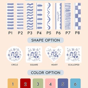 Puede incluir: Una gu&iacute;a de personalizaci&oacute;n con ocho patrones azules y blancos etiquetados de P1 a P8, cuatro formas que incluyen c&iacute;rculo, cuadrado, coraz&oacute;n y festoneado con una ilustraci&oacute;n de pareja, y seis muestras de color numeradas del 1 al 6.