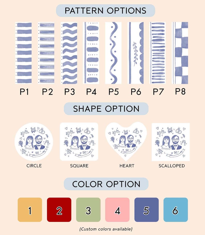 Puede incluir: Una gu&iacute;a de personalizaci&oacute;n con ocho patrones azules y blancos etiquetados de P1 a P8, cuatro formas que incluyen c&iacute;rculo, cuadrado, coraz&oacute;n y festoneado con una ilustraci&oacute;n de pareja, y seis muestras de color numeradas del 1 al 6.