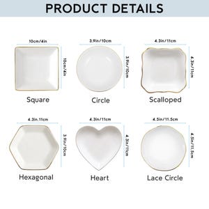 May include: Six white ceramic dishes with gold rims, labeled as Square (4in), Circle (3.9in), Scalloped (4.3in), Hexagonal (4.3in), Heart (4.3in), and Lace Circle (4.5in). Each dish is displayed with its specific dimensions in inches.