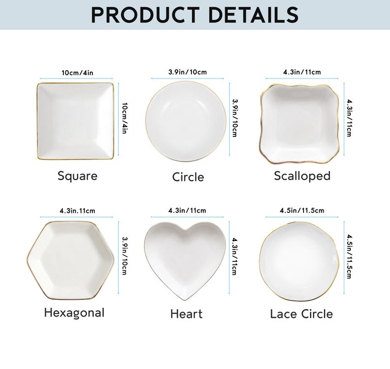 May include: Six white ceramic dishes with gold rims, labeled as Square (4in), Circle (3.9in), Scalloped (4.3in), Hexagonal (4.3in), Heart (4.3in), and Lace Circle (4.5in). Each dish is displayed with its specific dimensions in inches.