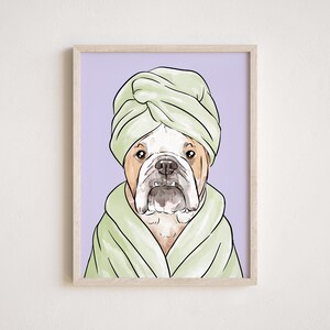 May include: A digital illustration of a bulldog wearing a light green bathrobe and a light green towel on its head. The background is a light purple color.