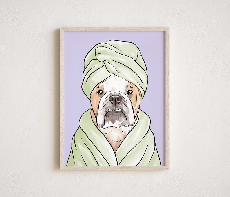 May include: A digital illustration of a bulldog wearing a light green bathrobe and a light green towel on its head. The background is a light purple color.