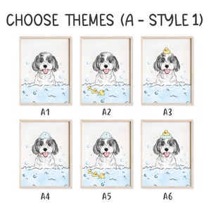 Pu&ograve; includere: Sei diverse illustrazioni di un cane in una vasca da bagno con bolle. Il cane &egrave; bianco con macchie nere e ha un'espressione felice. Le illustrazioni mostrano il cane con diversi accessori, tra cui un'anatra di gomma, un cappello da doccia e un sapone. Le illustrazioni sono etichettate da A1 a A6.