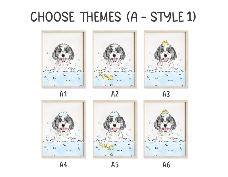 Pu&ograve; includere: Sei diverse illustrazioni di un cane in una vasca da bagno con bolle. Il cane &egrave; bianco con macchie nere e ha un'espressione felice. Le illustrazioni mostrano il cane con diversi accessori, tra cui un'anatra di gomma, un cappello da doccia e un sapone. Le illustrazioni sono etichettate da A1 a A6.