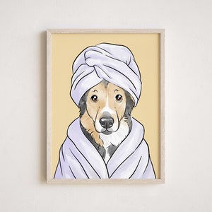 May include: A digital illustration of a dog wearing a white towel turban and a white bathrobe. The dog has brown, black, and white fur. The background is a light yellow color.