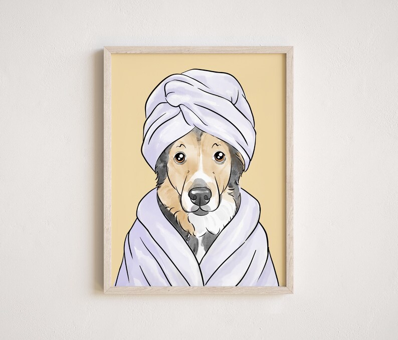 May include: A digital illustration of a dog wearing a white towel turban and a white bathrobe. The dog has brown, black, and white fur. The background is a light yellow color.