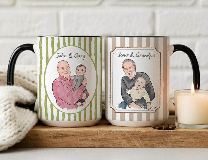 May include: Two ceramic mugs with black handles. The left mug has green stripes and a circular illustration of two people with the text John & Gary. The right mug has beige stripes and a rectangular illustration of two people with the text Scout & Grandpa.