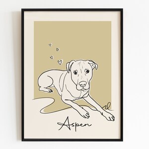 May include: Line art illustration of a dog named Aspen on a beige background with small white hearts.
