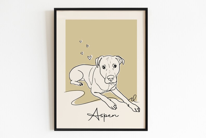 May include: Line art illustration of a dog named Aspen on a beige background with small white hearts.