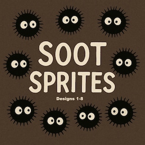 May include: Brown background with the words "SOOT SPRITES" in white, along with the text "Designs 1-8". The image features several black, round characters with white eyes and spiky outlines.
