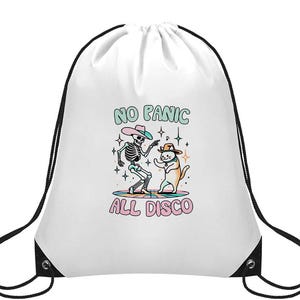 May include: White drawstring bag featuring a colorful graphic of a skeleton and a cat dancing on a disco floor. The text "NO PANIC ALL DISCO" is above and below the dancing figures. The bag has black drawstrings.