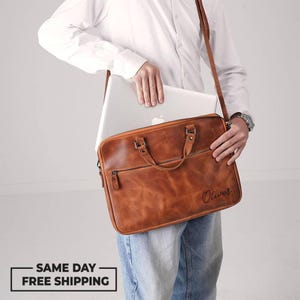 Leather Laptop Bag for Men, Crossbody Briefcase, Computer Case, Work Bag, Gift for Dad or Husband